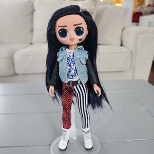 Fashion Doll with Black Hair and Mixed-Pattern Outfit - Black/White/Red